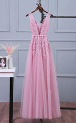 Lovely Pink V-neckline Long Party Dress ,Tulle Bridesmaid Dress