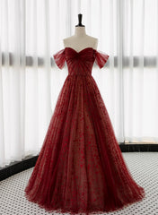 Lovely Wine Red Tulle Sweetheart Long Formal Dress, Off Shoulder Wine Red Prom Dress