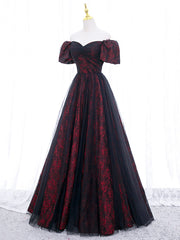Black Tulle A-Line Prom Dress with Rose Print, Black Off Shoulder Evening Party Dress