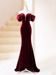 Burgundy Velvet Long Prom Dress, Mermaid Off Shoulder Evening Party Dress