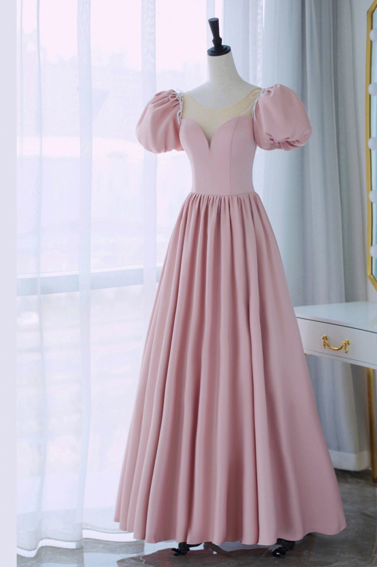 Pink Satin Long A-Line Prom Dress, Cute Short Sleeve Evening Dress
