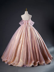 Pink Tulle Sequins Long Prom Dress, Beautiful A-Line Formal Dress Sweet 16 Dress