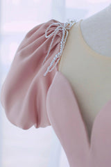 Pink Satin Long A-Line Prom Dress, Cute Short Sleeve Evening Dress