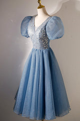 A-line V-neck Sequins Short Prom Dress, Blue Short Sleeve Evening Dress