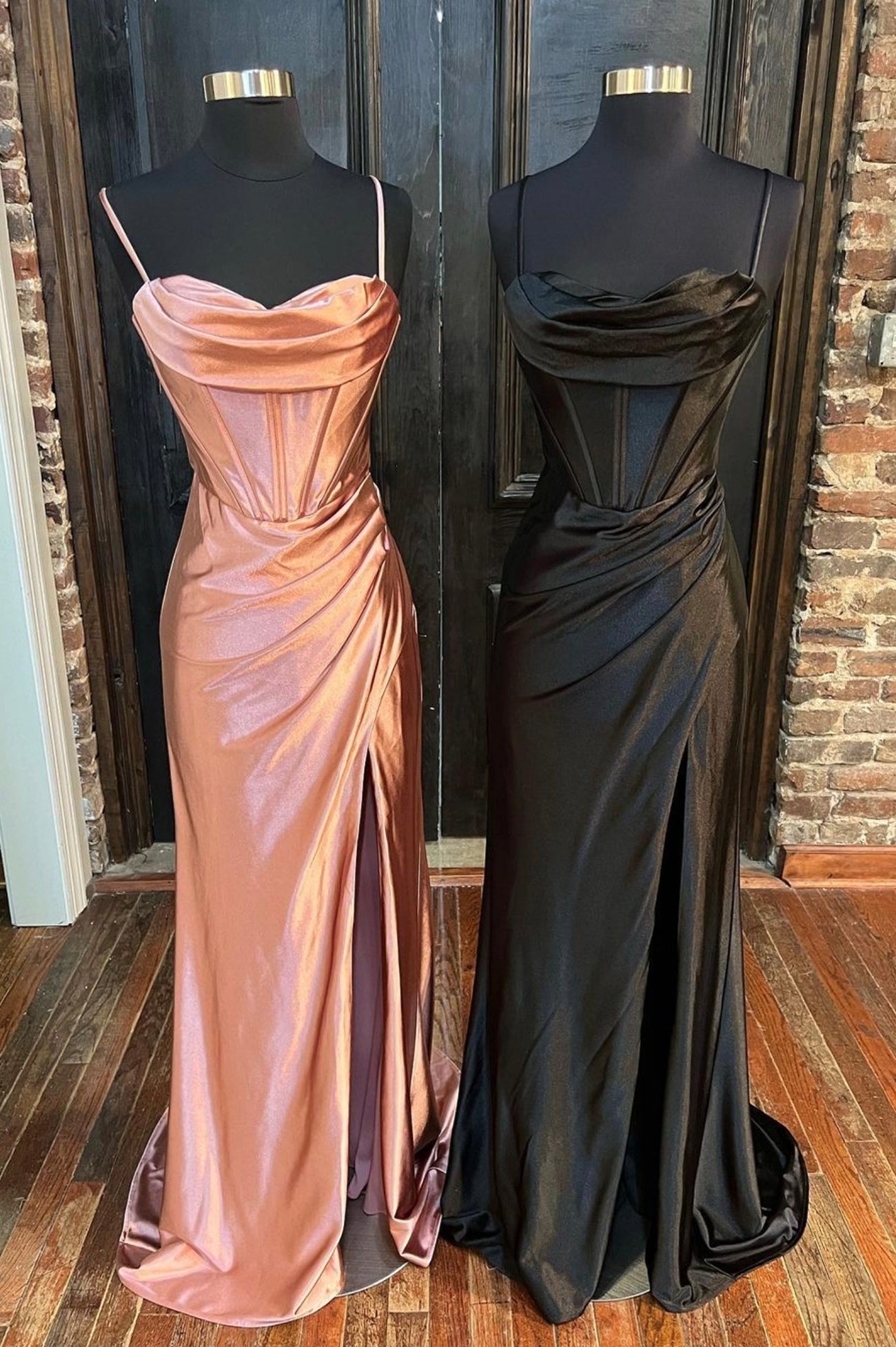 Simple Satin Long Mermaid Prom Dress, Spaghetti Straps Party Dress with Slit