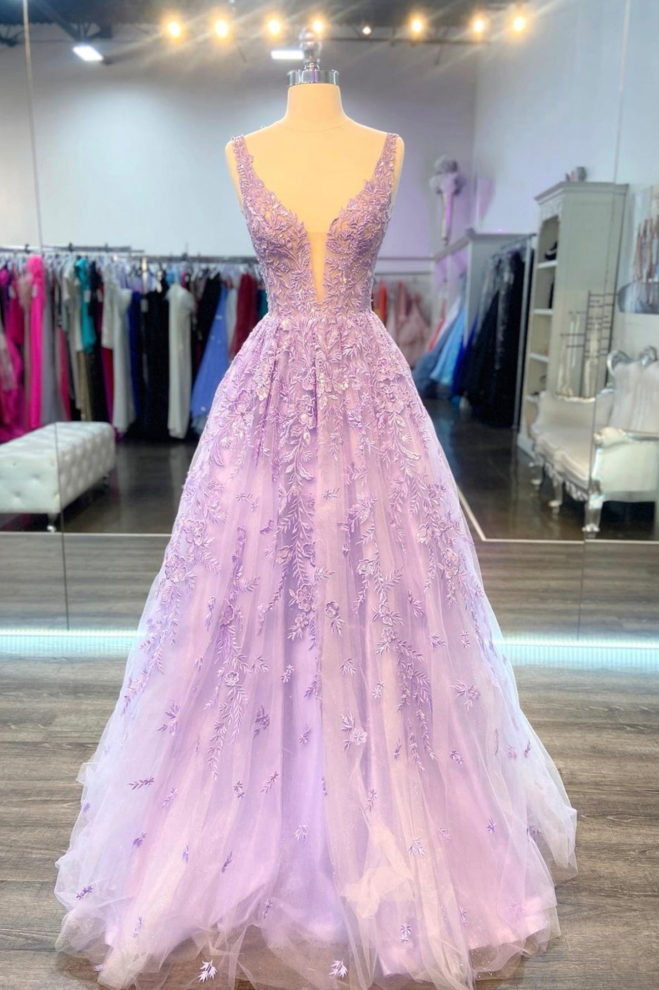 Purple V-Neck Lace Long Prom Dress, Purple A-Line Formal Evening Dress