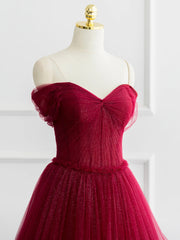 Burgundy Shiny Tulle Long Prom Dress, Beautiful A-Line Off the Shoulder Evening Dress