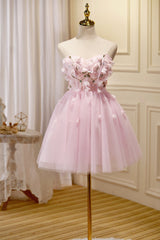 Pink Tulle Short Prom Dress, Pink A-Line Strapless Homecoming Dress