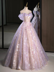 Purple A-Line Off the Shoulder Sequins Prom Dress, Lovely Tulle Corset Floor Length Evening Dress