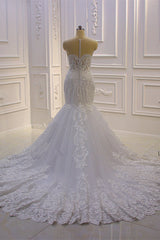 Luxurious 3D Lace Applique High Neck Tulle Mermaid Wedding Dress