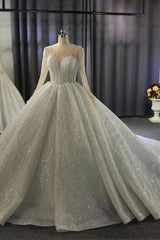 Luxurious Ball Gown Long Sleeves Crystal Beading Wedding Dress A line Classic