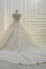 Luxurious Ball Gown Long Sleevess Lace Applqiues Beadings Wedding Dress