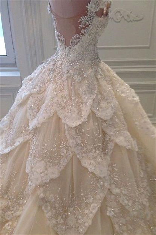 Luxurious Off the Shoulder Beading Wedding Dress Crystal Tiered Chapel Train Bridal Gowns