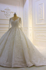Luxury Long Ball Gown Lace Appliques Wedding Dress with Sleeves