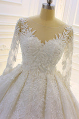 Luxury Long Ball Gown Lace Appliques Wedding Dress with Sleeves