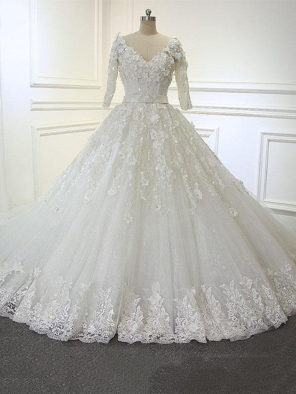 Luxury Long Ball Gown V Neck Lace Wedding Dresses with Sleeves