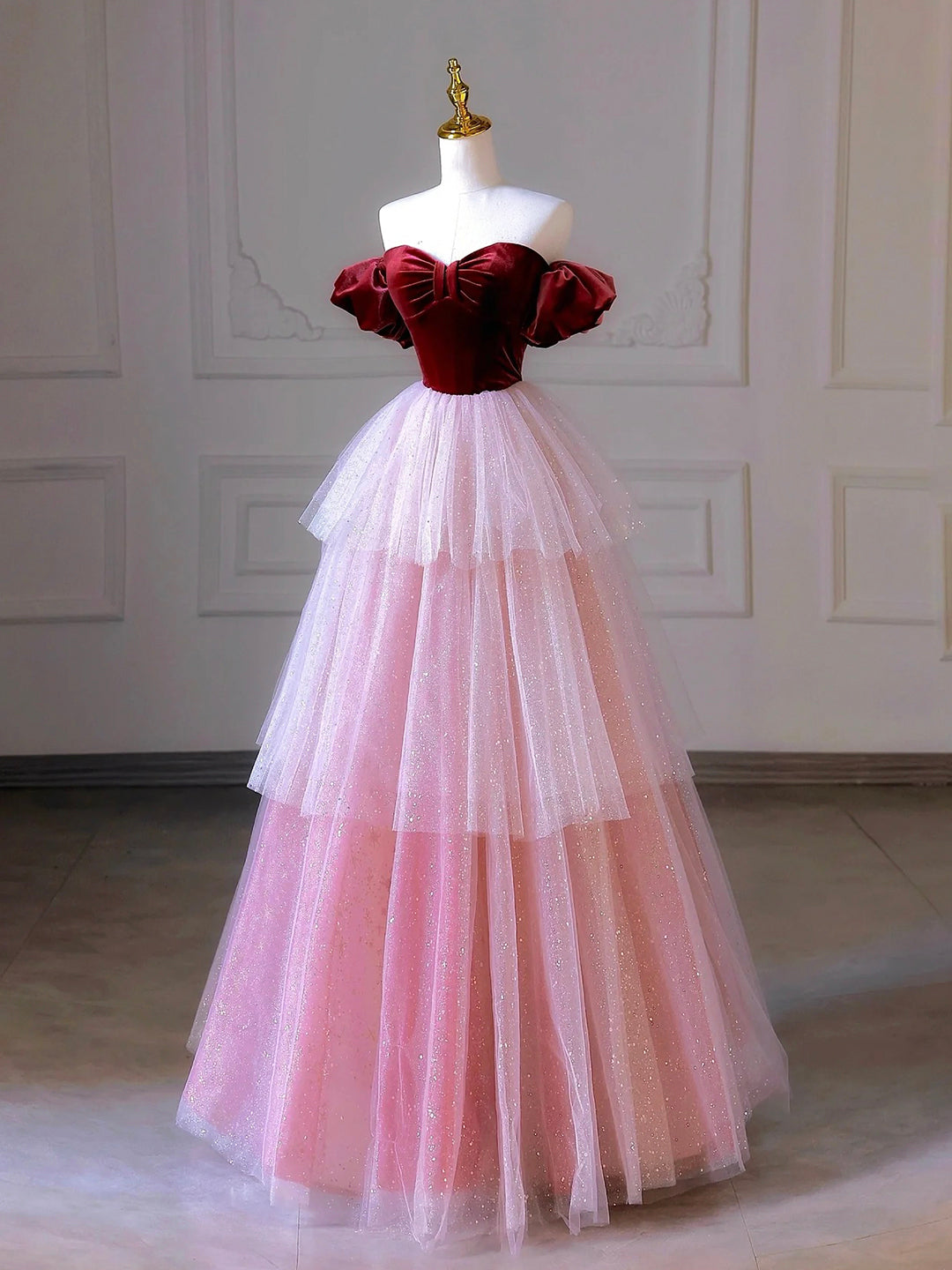 Burgundy Velvet and Layers Tulle Long Prom Dress, Off the Shoulder A-Line Evening Party Dress
