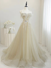 Cute Tulle Sequins Floor Length Prom Dress, Beautiful Spaghetti Strap Evening Party Dress