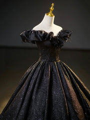 Black V-Neck Floor Length Formal Dress, A-Line Off the Shoulder Evening Party Dress