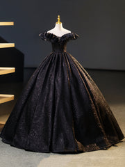 Black V-Neck Floor Length Formal Dress, A-Line Off the Shoulder Evening Party Dress
