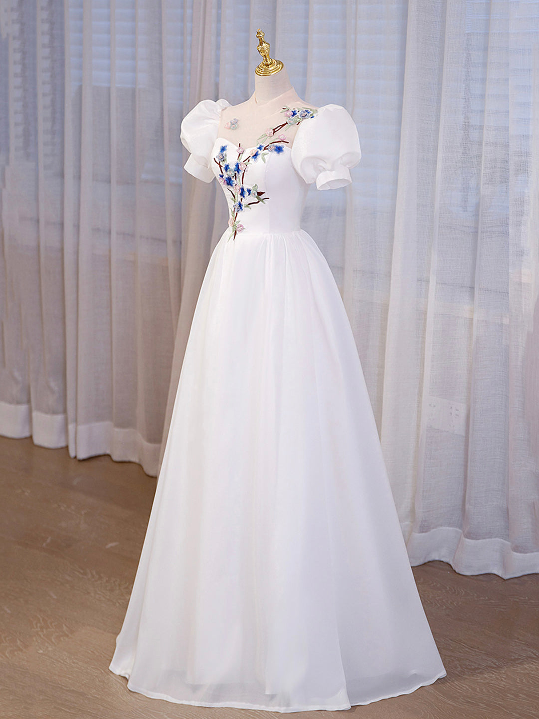 Elegant White Tulle Appliques Long Prom Dress, White High Neck A-Line Evening Dress