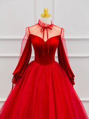 Red Velvet Tulle Floor Length Prom Dress, Beautiful Long Sleeve Evening Party Dress