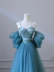 Fairy Blue Spaghetti Straps Corset Tulle Prom Dress, Detachable off Shoulder Party Dress