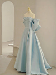 Charming Blue Satin Long Prom Dress with Big Bow, A-Line Sweetheart Neck Formal Dress