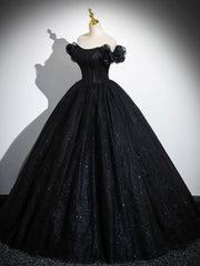 Sparkly Tulle Black Sweetheart Ball Gown, A-Line Off the Shoulder Evening Dress