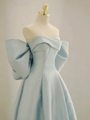Charming Blue Satin Long Prom Dress with Big Bow, A-Line Sweetheart Neck Formal Dress