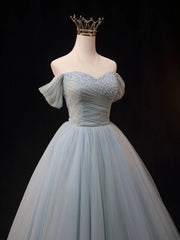 Dusty Blue Tulle Beaded Long Prom Dress, Off the Shoulder A-Line Evening Party Dress