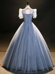 Blue Tulle Long A-Line Prom Dress, Beautiful Short Sleeve Evening Party Dress