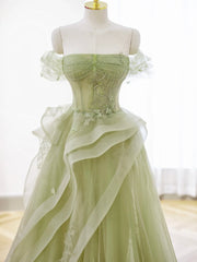 Green Tulle Long Floor Length Prom Dress, Beautiful A-Line Evening Party Dress with Lace