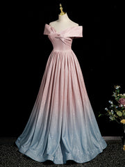 Pink Gradient Shiny Floor Length Prom Dress, Off Shoulder A-Line Evening Party Dress