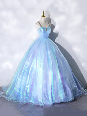 Beautiful  Shiny Blue Tulle Long Formal Dress, A-Line Spaghetti Strap Sweetheart Princess Dress