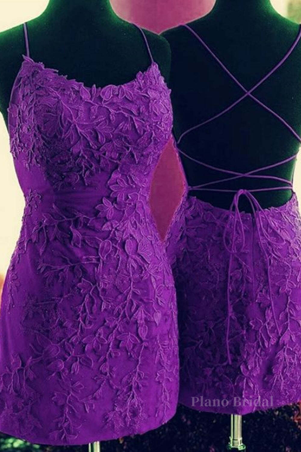 Mermaid Backless Purple Lace Prom Dresses, Mermaid Purple Homecoming Dresses, Short Purple Lace Formal Evening Dresses