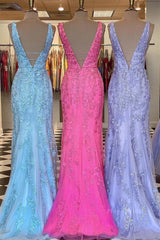 Mermaid V Neck Open Back Lace Long Prom Dress, Mermaid Formal Evening Dress