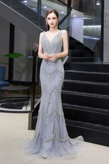 Mermaid V Neck Sleeveless Floor Length Prom Dresses With Crystal Beading