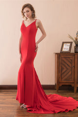 Mermaid V-Neck Spaghetti Straps Red Satin Prom Dresses