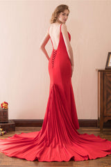 Mermaid V-Neck Spaghetti Straps Red Satin Prom Dresses