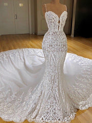 Modern Lace Mermaid Wedding Dresses Spaghetti Straps Appliques Bridal Gowns