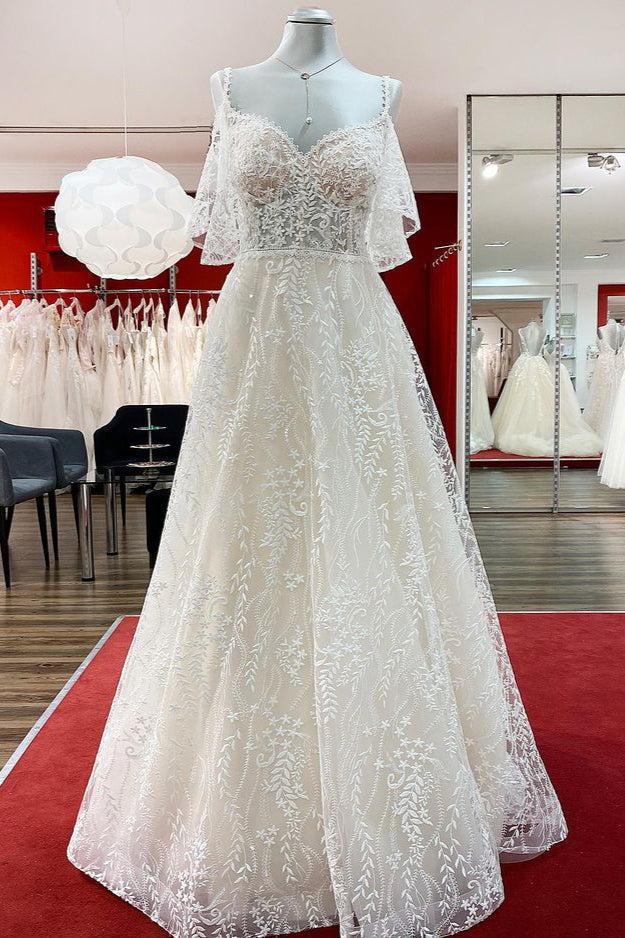 Modest Long A-line Sweetheart Tulle Lace Appliques Wedding Dress with Sleeves