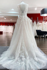 Modest Long A-line V-neck Open Back Tulle Wedding Dress with Appliques Lace