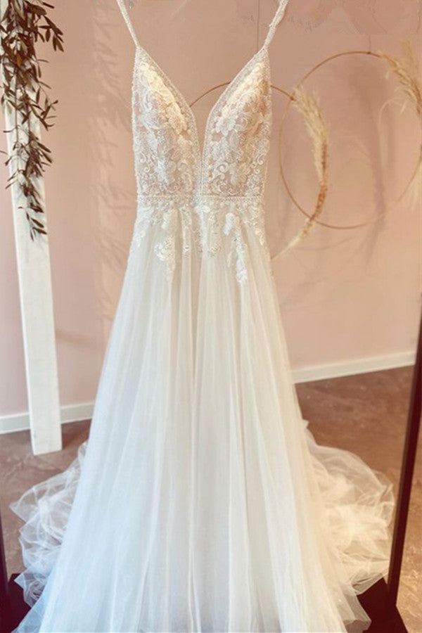 Modest Long A-line V-neck Spaghetti Straps Tulle Wedding Dress with Appliques Lace