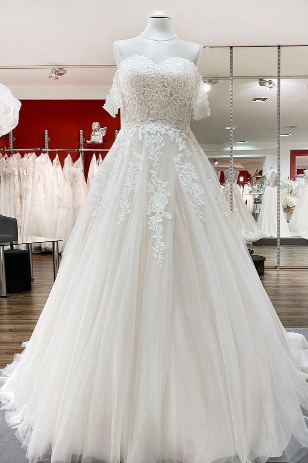 Modest Long Princess Off The Shoulder Tulle Lace Wedding Dress