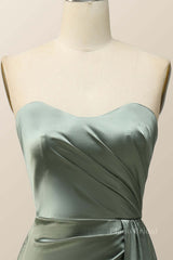Moss Green Satin Strapless Long Bridesmaid Dress