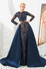 Long Sleeves Mermaid Detachable Train Prom Dresses with Train Sequined