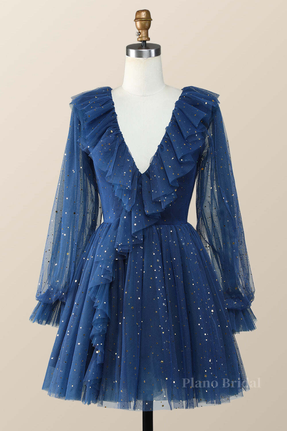 Navy Blue Long Sleeves Stars and Sequins Ruffle Dress