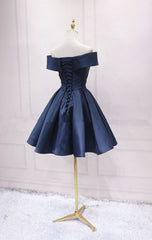 Navy Blue Satin Off Shoulder Bridesmaid Dress Party Dress, Short Prom Dress
