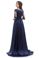 Navy Blue Satin V-neck Short Sleeve Beading Prom Dresses